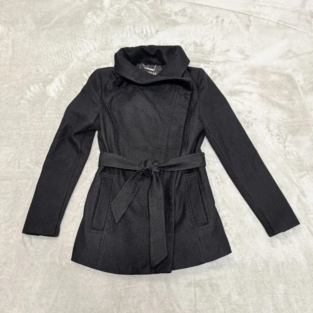 Express Black Wool Blend Belted Asymmetrical Zip Funnel Neck Coat Size XS